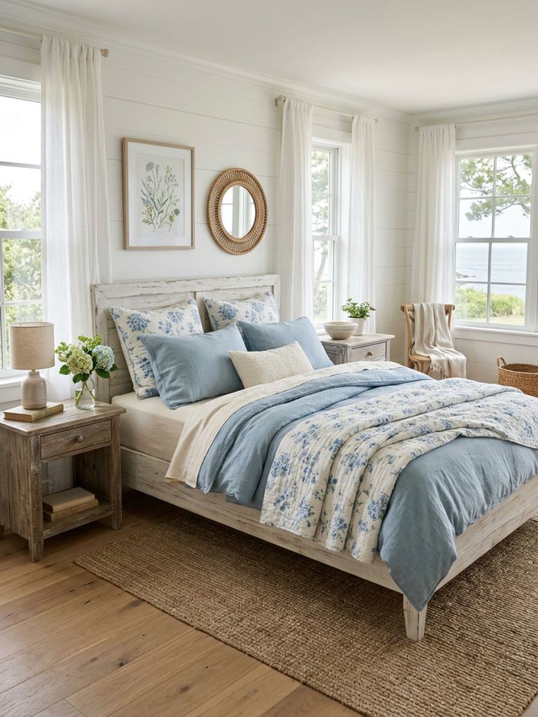 A breezy coastal cottage bedroom featuring soft blue floral patterns inspired by hydrangeas and cornflowers paired with weathered natural te.