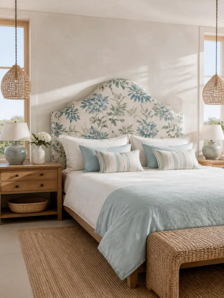 A breezy coastal-inspired bedroom featuring a floral headboard covered in watercolor botanical prints with soft blue, seafoam green, warm iv.