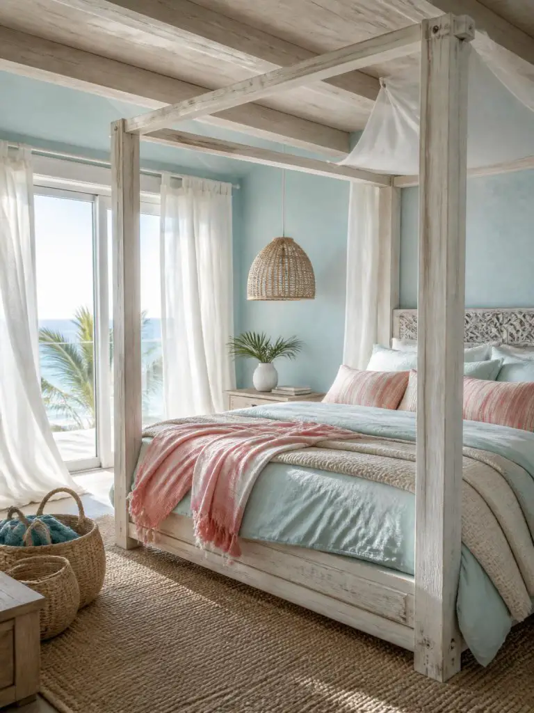 A coastal-style bedroom filled with airy light blue tones and blush pink woven textures inspired by relaxed seaside interiors.