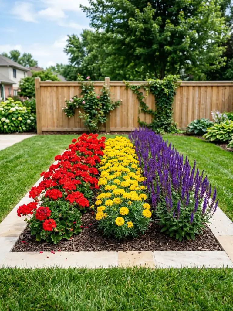A small backyard garden bed showcasing a color-blocked planting design in a sunny U.