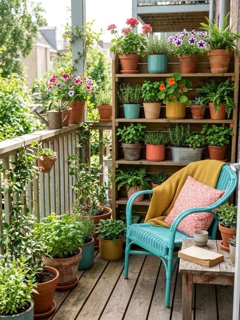 A colorful small terrace garden filled with container plants and vertical shelving.