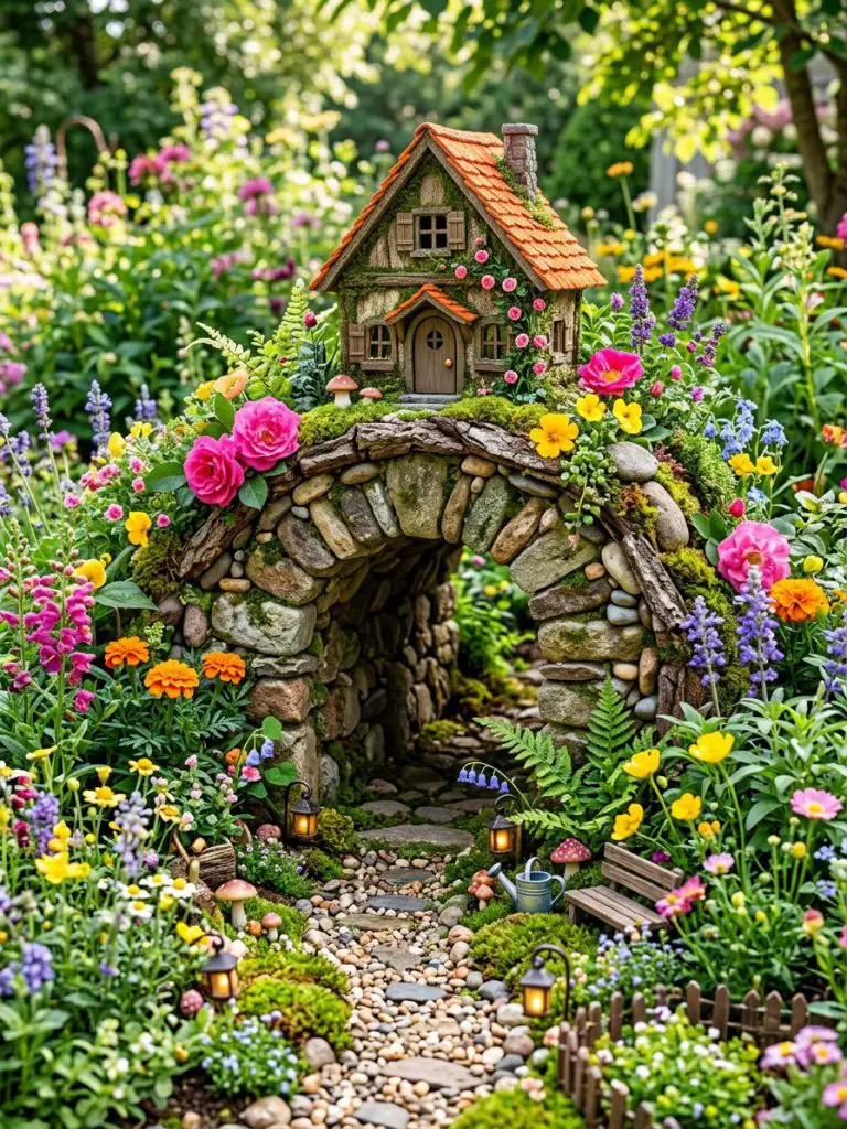 A colorful fairy garden with a whimsical arched stone hideaway, styled in playful cottagecore with vibrant floral accents.