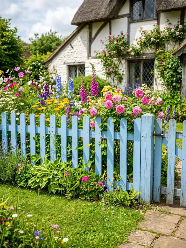 A vibrant small garden fence painted soft blue with overflowing colorful flowers behind it, styled in cheerful cottage garden design.