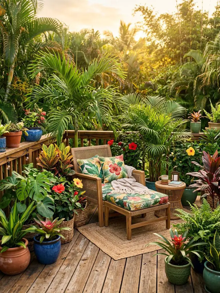 A colorful tropical deck garden designed for compact outdoor living, blending modern rustic and tropical styles.