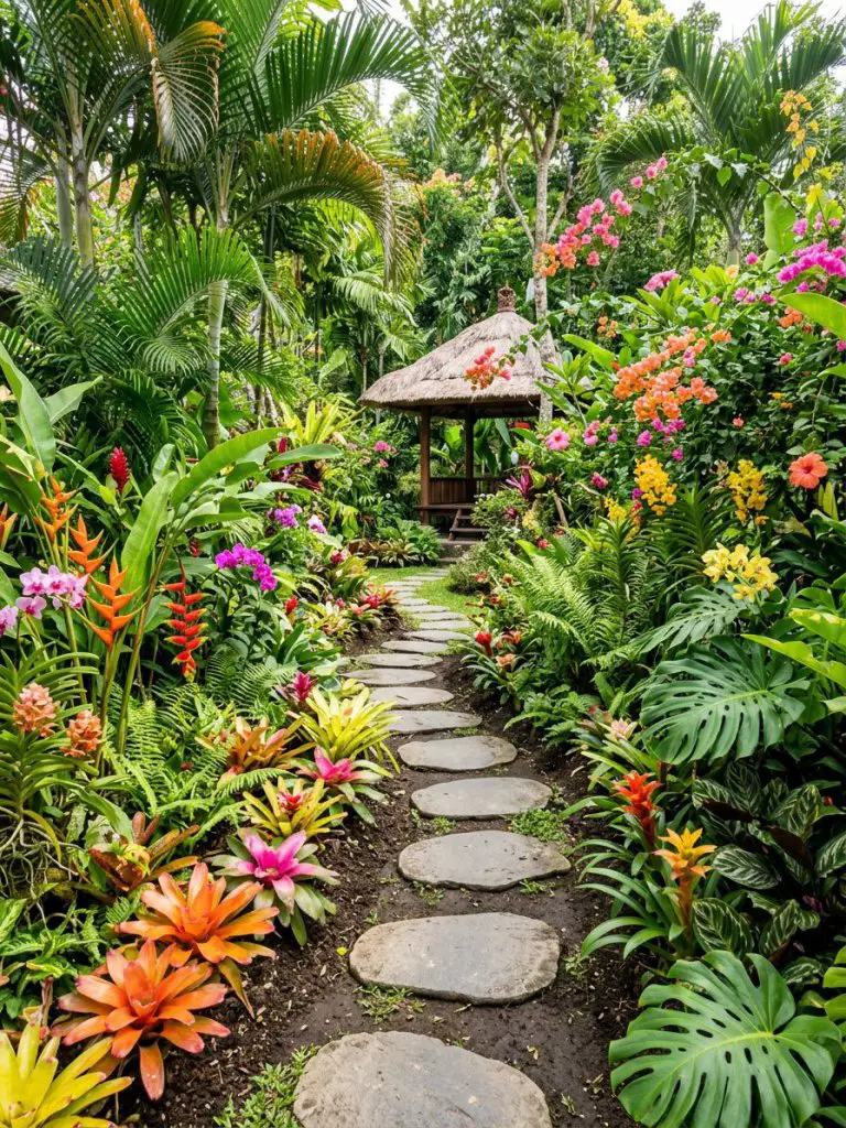 A vibrant tropical garden path with colorful flowering accents in a curated jungle style.