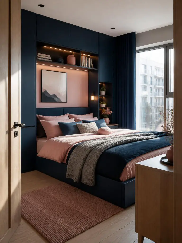 A compact modern apartment bedroom maximizing style and storage with a bold navy blue and soft pink color palette.