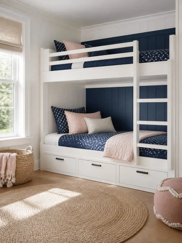 A compact blue and pink bunk bed kids room designed in a clean coastal Scandinavian style with white paneled walls and pastel color blocking.