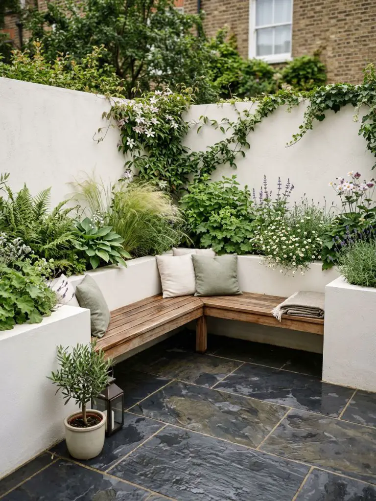 A compact corner garden with built-in seating and raised planters in a warm minimalist style.
