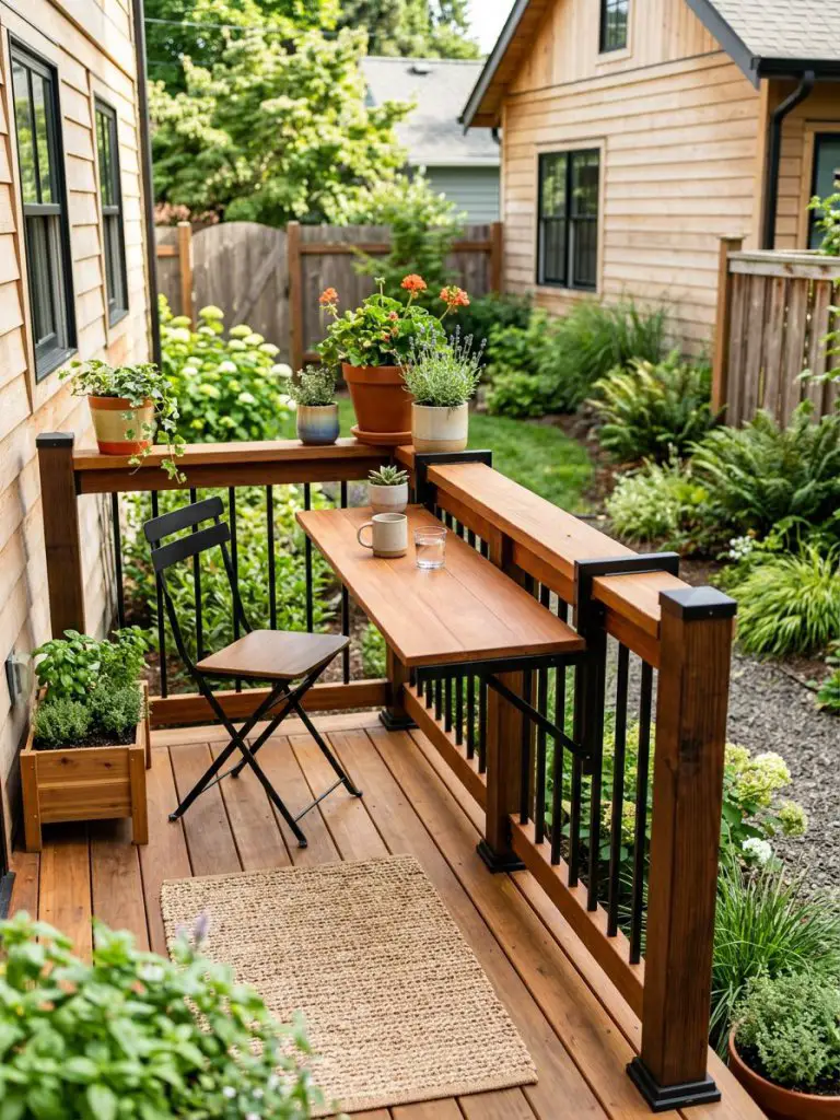 A compact deck featuring a fold-down bar mounted to the railing in a small U.