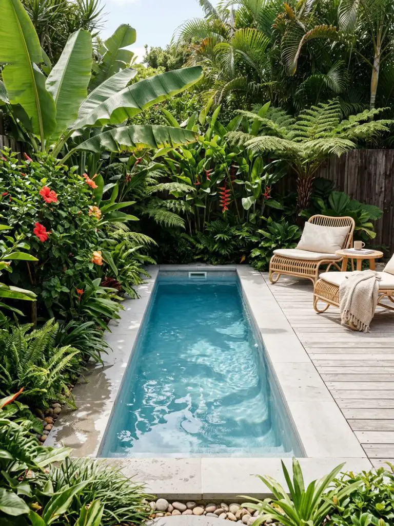 A compact garden pool design in a small backyard, styled with a warm minimalist and modern rustic blend.