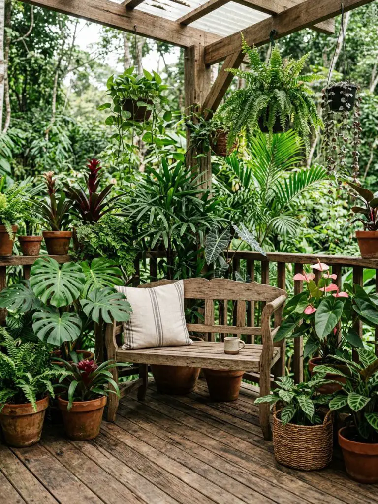 A compact jungle deck scene blending tropical maximalism with rustic minimal design.