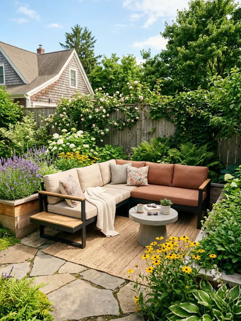 A small backyard lounge area in a United States suburban garden featuring a compact L-shaped sectional designed specifically for tiny outdoo.