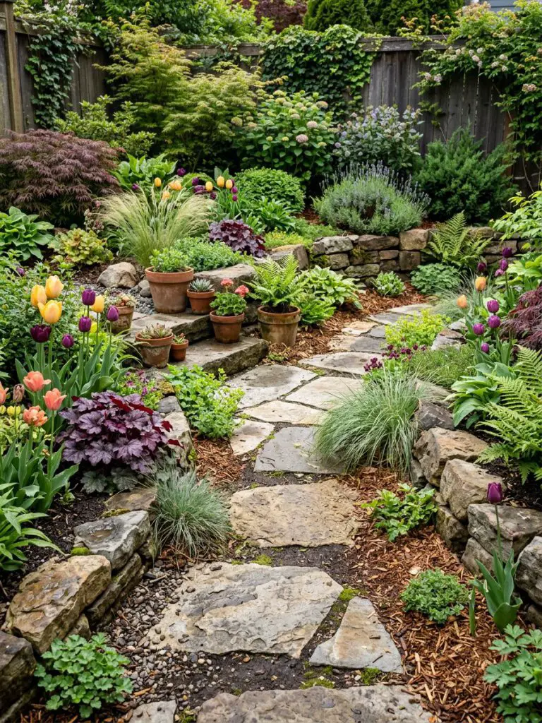A compact backyard rockery garden pathway surrounded by layered foliage, textured stone slabs, and colorful seasonal planting in a cozy land.