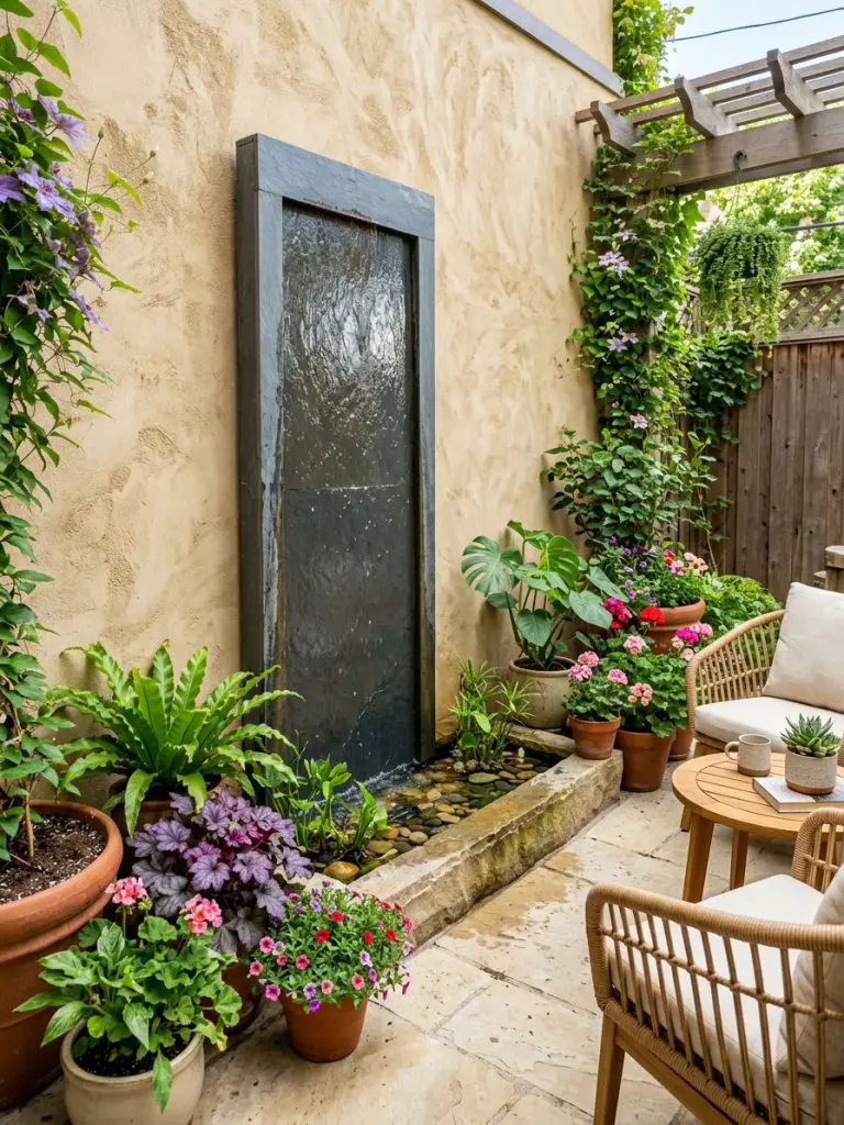 A small patio featuring a vertical wall fountain mounted on a textured stucco surface in warm neutral tones.