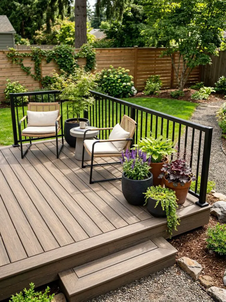 A small garden deck using composite decking materials in a U.