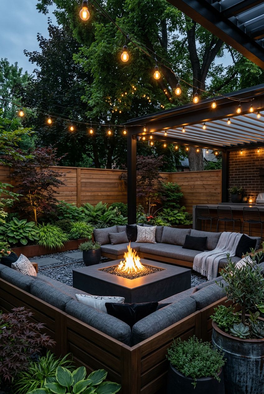 A contemporary backyard retreat designed around a geometric square fire feature surrounded by a wraparound outdoor sectional in neutral grey.