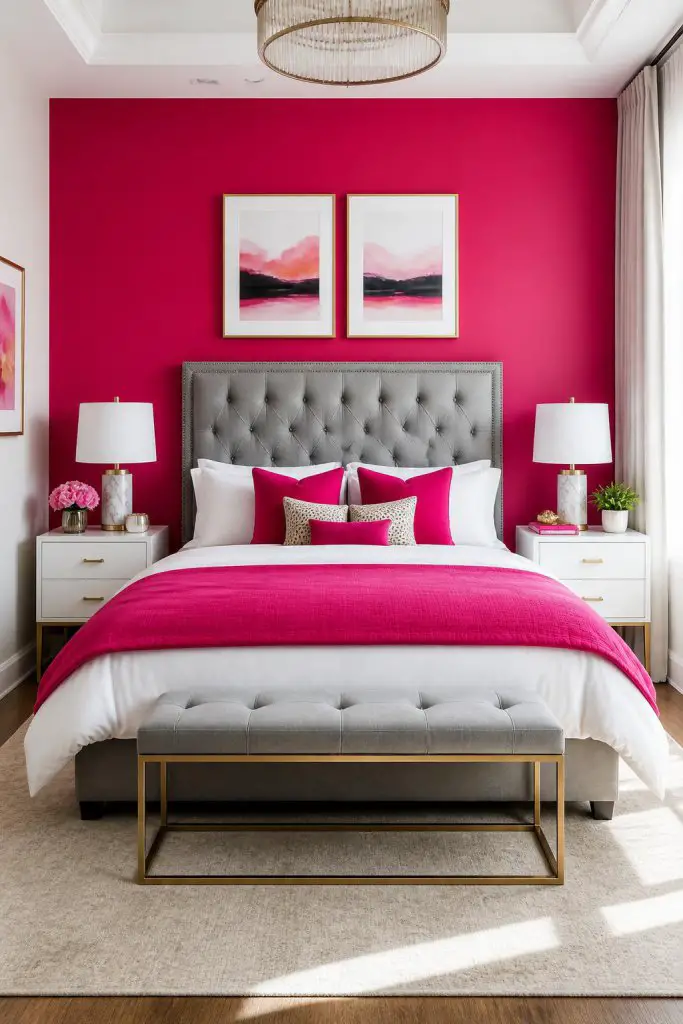 Sleek and inviting, this contemporary bedroom centers around a bright pink accent wall that makes the upholstered gray headboard pop.