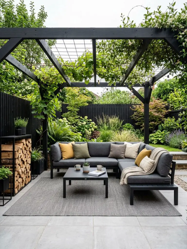 A contemporary small backyard pergola designed in a Scandinavian modern rustic style, featuring a black timber pergola with overhead wire tr.