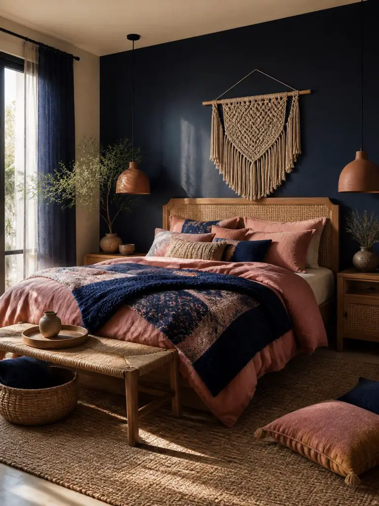 A contemporary boho bedroom layered with navy blue and clay pink textiles, organic textures, and earthy modern decor.