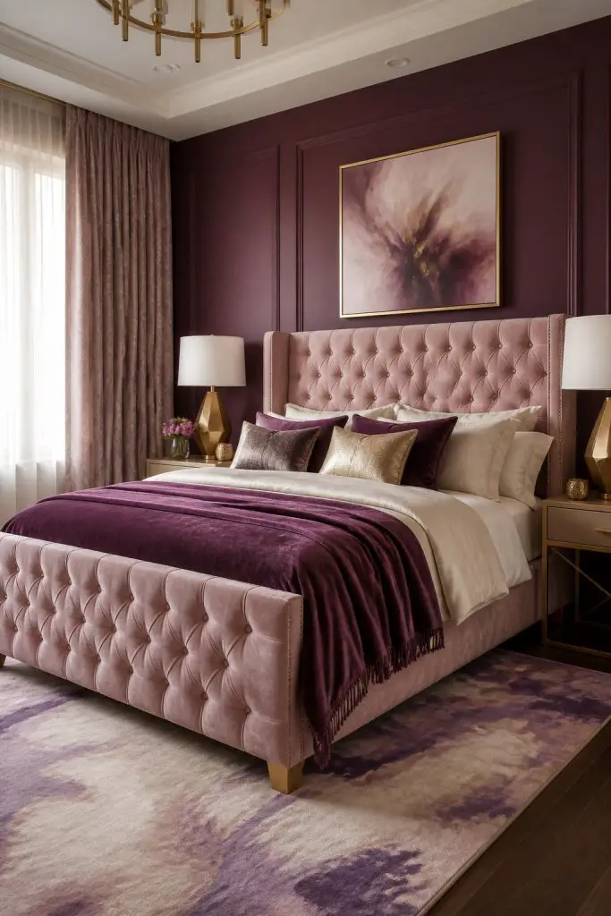 A chic contemporary bedroom with a statement blush tufted bed set against a rich burgundy accent wall.