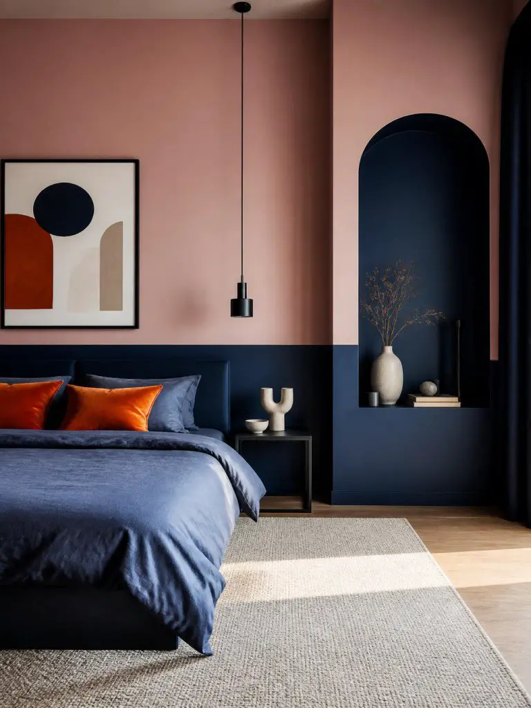 interior photography of a contemporary color-blocked bedroom with soft blush pink walls and dramatic navy blue architectural accents.