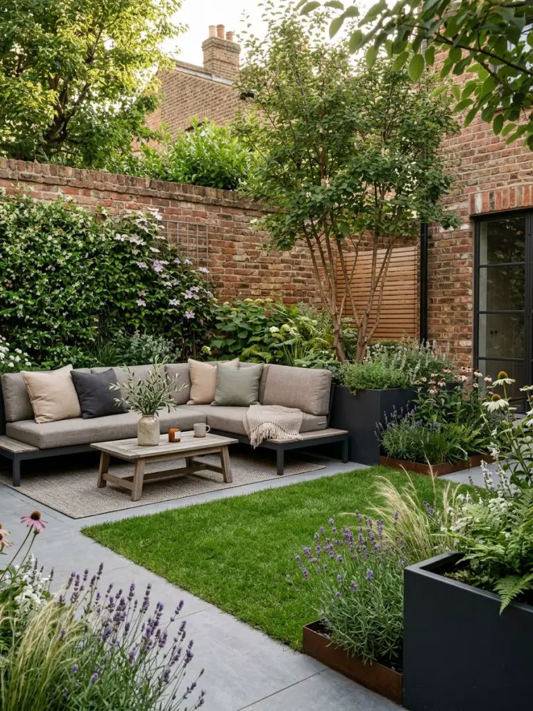 A compact courtyard garden designed in a contemporary warm minimalist style with a modern rustic influence.