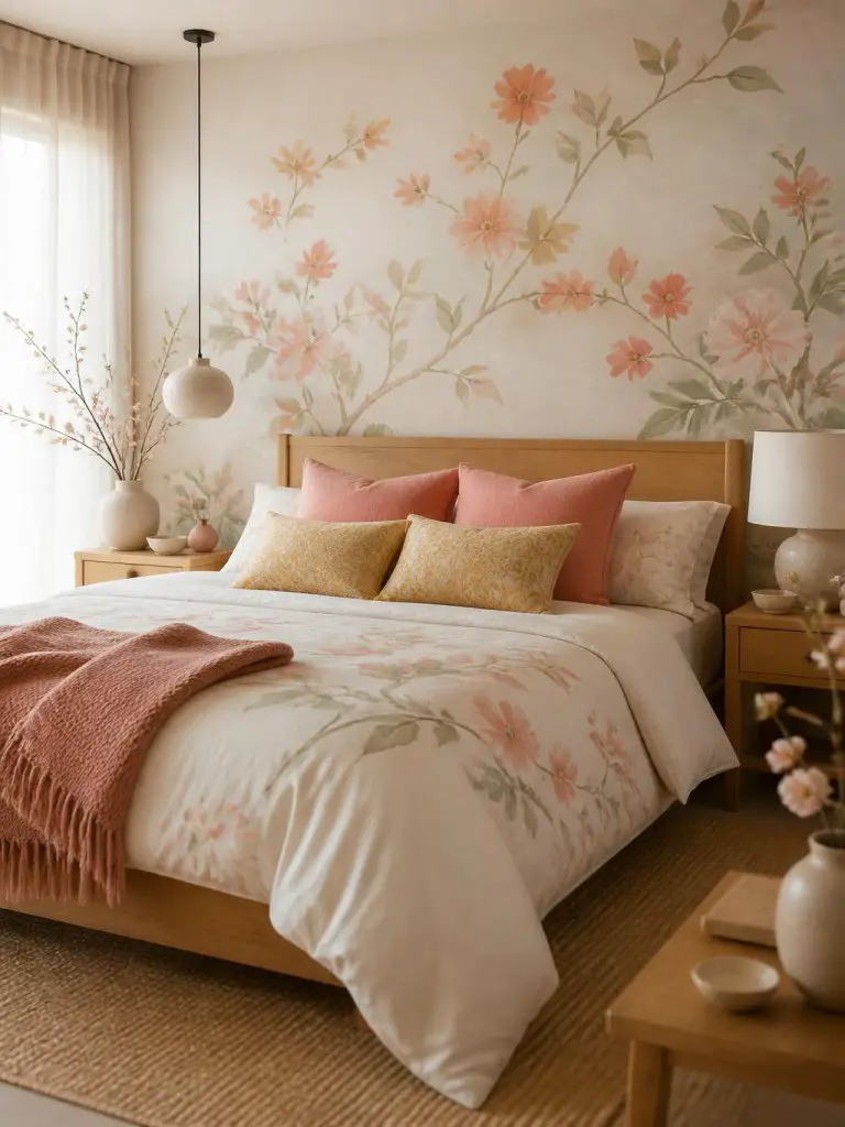A contemporary floral accent bedroom designed with soft botanical bedding and a delicate floral mural wall featuring slender painted branche.
