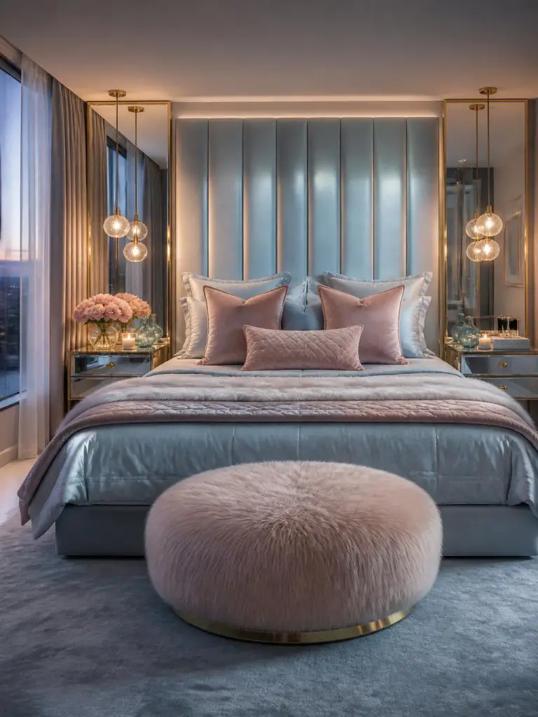 A contemporary glam bedroom dominated by icy light blue upholstery and elegant blush pink velvet accents with dramatic modern styling.