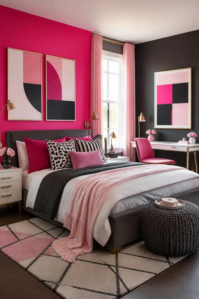 A bold modern bedroom transformed by a punchy pink accent wall, surrounded by graphic contemporary art with geometric patterns in pink, blus.