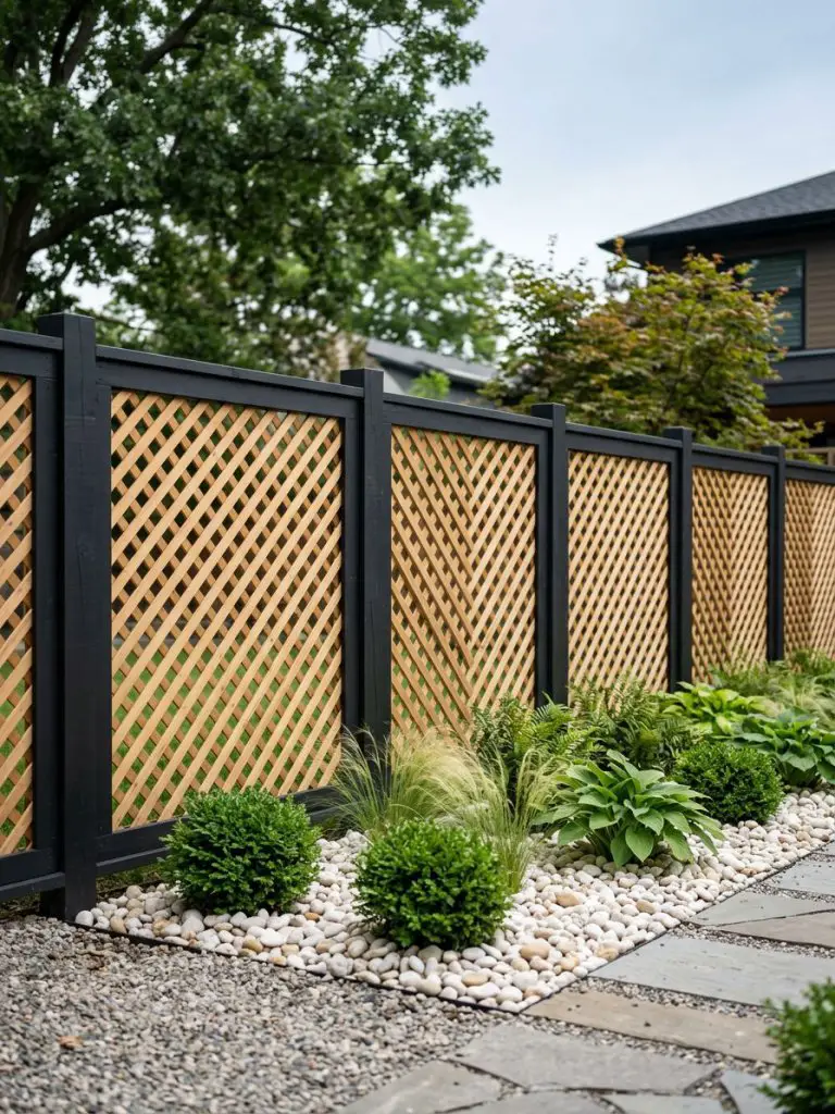 A contemporary backyard fence featuring dark-framed lattice panels with pebble landscaping and soft greenery, blending modern minimalist and.