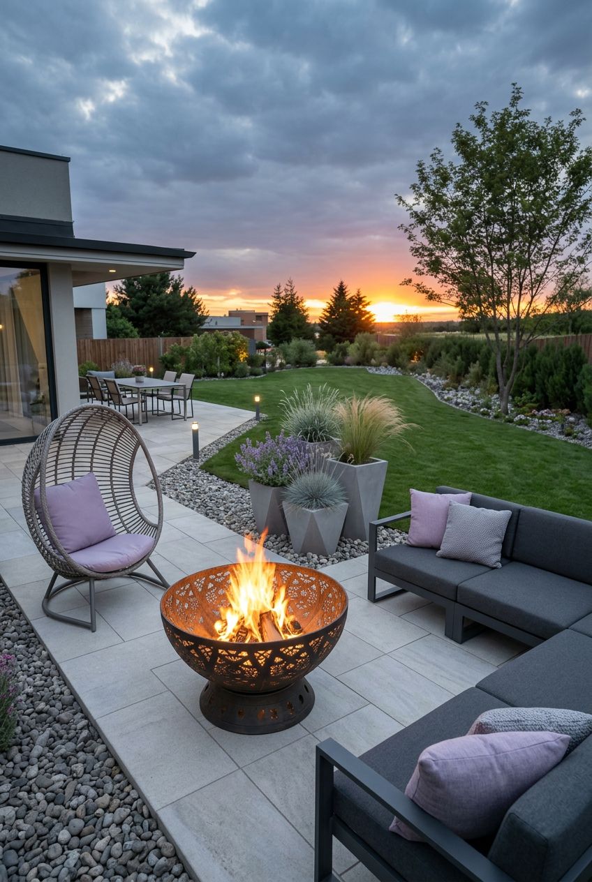 A modern patio with a striking metal bowl fire pit featuring intricate cutout designs, set on a pale stone terrace framed by river rock edgi.