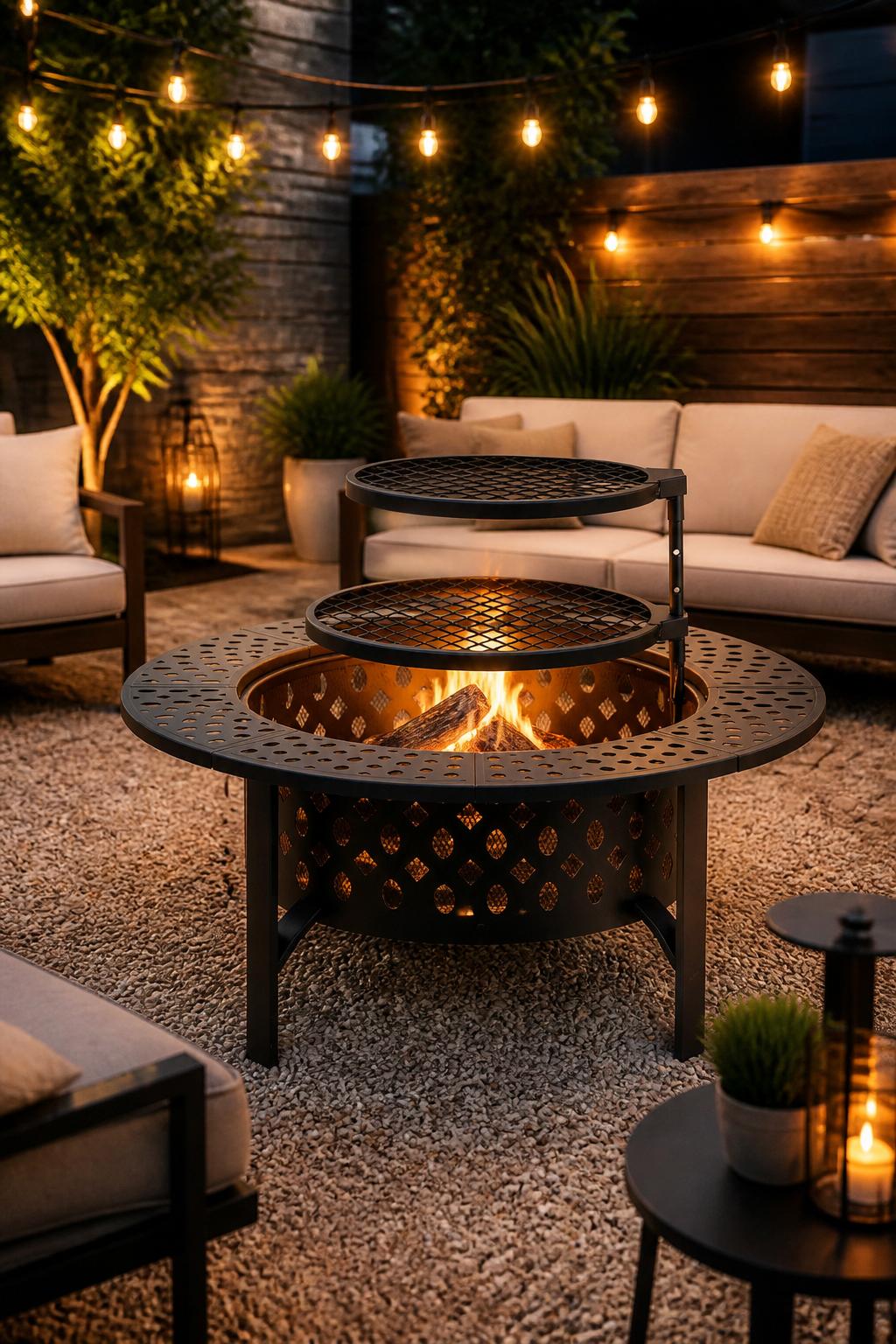 A modern patio scene highlighting a round black metal fire pit with chic, layered grill grates as the focal point.