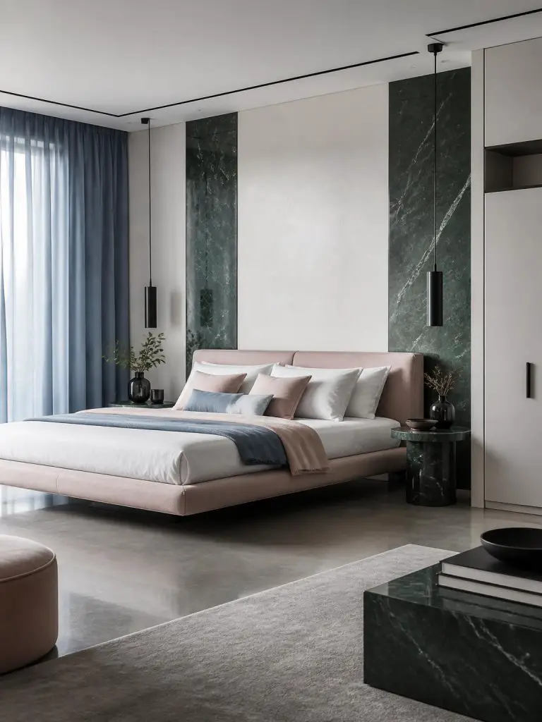 A sleek contemporary minimalist bedroom featuring sky blue drapery, soft blush textiles, and deep green marble decor in a clean architectura.