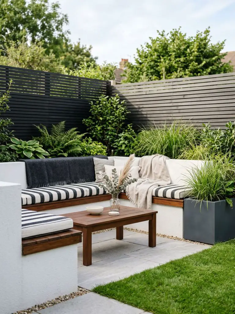 A contemporary small garden lounge featuring a built-in L-shaped bench with white rendered base and dark wood seating, styled with black-and.