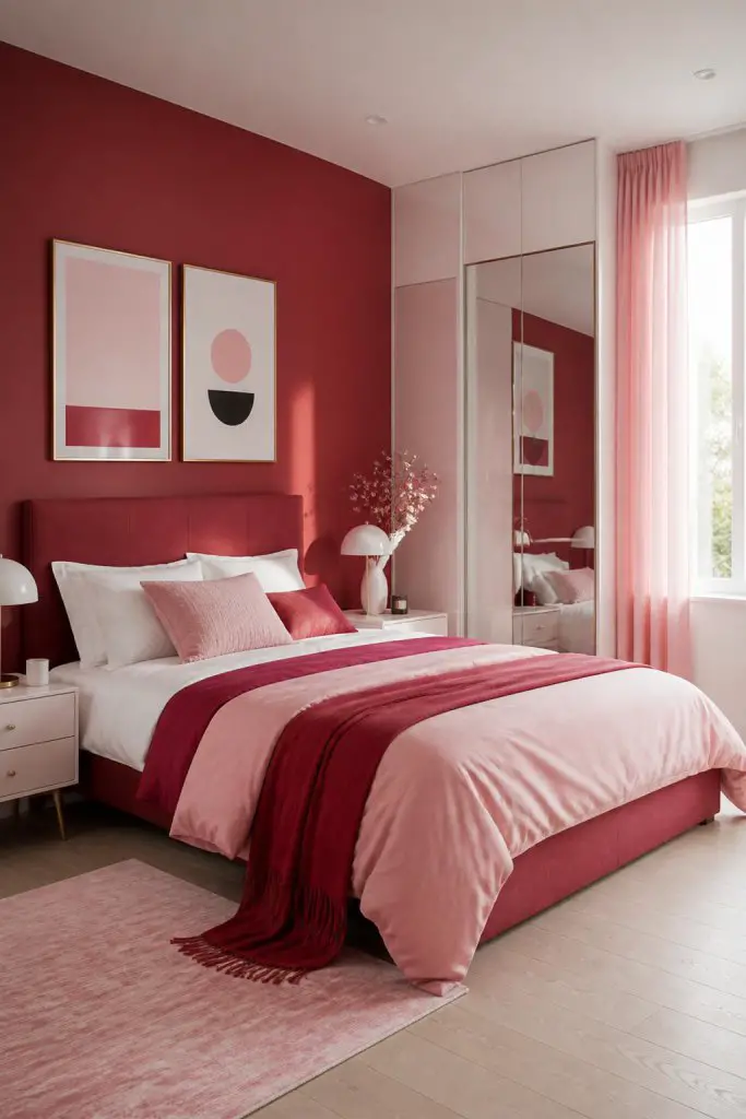 Highlight a sleek, contemporary bedroom with a red feature wall framing a bed dressed in layered blush pink and bold crimson bedding.