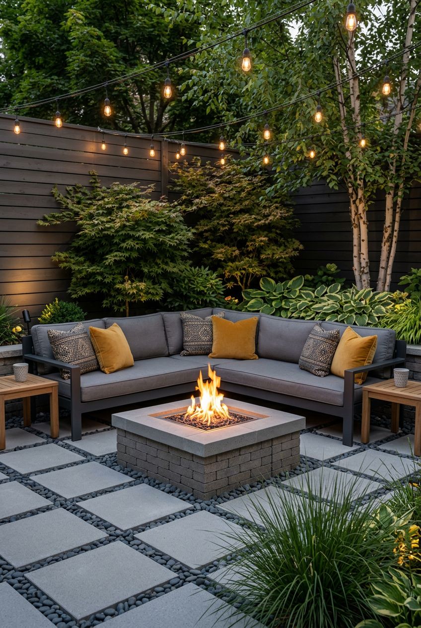 A contemporary corner patio with clean lines, featuring a square stone fire pit as the centerpiece against a horizontal slat privacy fence.