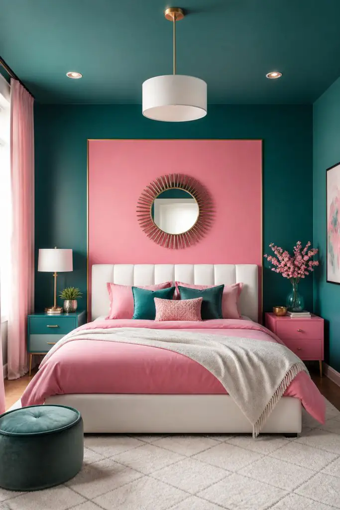 A contemporary bedroom centered on a bold bed wall, featuring a panel of vivid pink against rich teal walls.