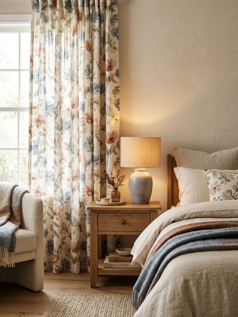 A cozy bedroom styled with coordinated floral curtains and matching bedside lamp accents for a harmonious designer look.