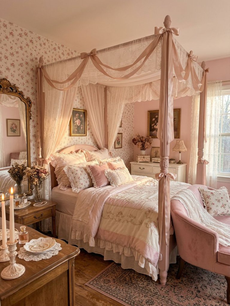 A dreamy coquette-inspired pink floral bedroom filled with delicate textures and hyper-feminine details.