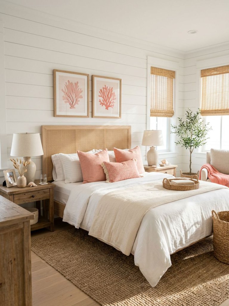 A fresh coral-inspired coastal bedroom designed with woven cane furniture, crisp white bedding, and blush coral accent pillows arranged in a.
