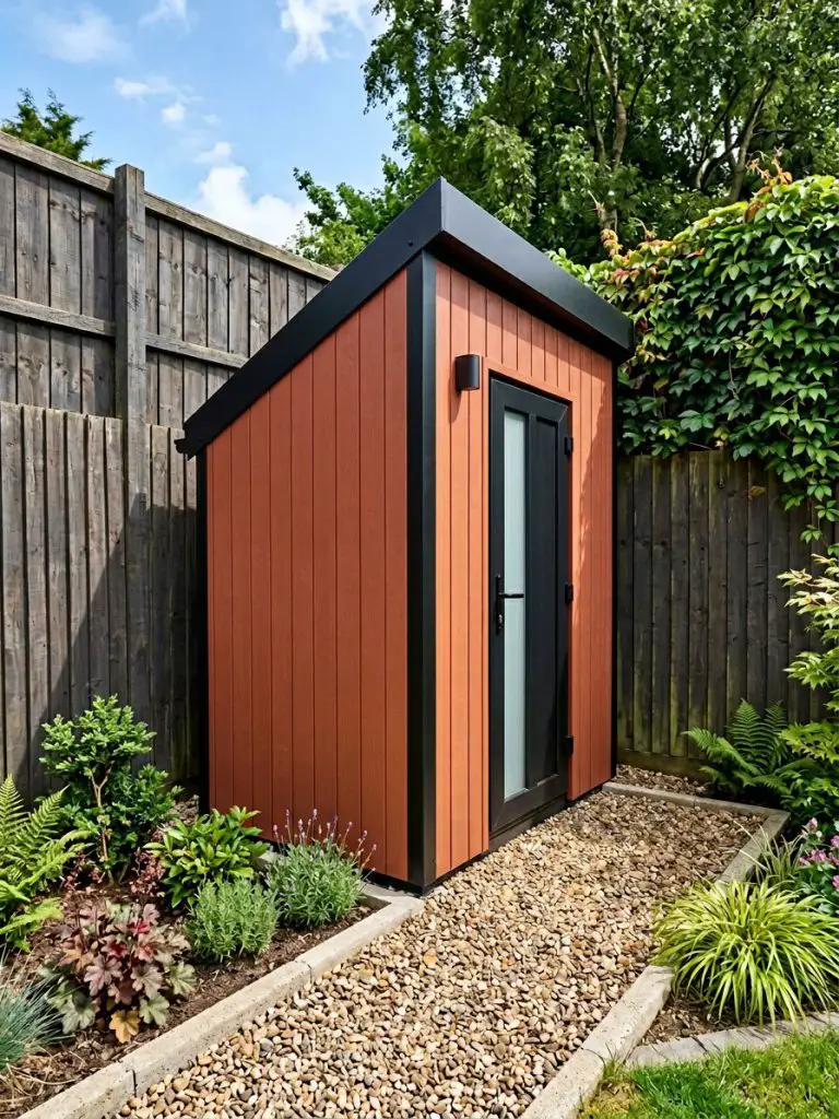 A triangular corner wedge shed tucked into a tight backyard corner, designed in a bold Modern Rustic style with clean architectural lines.