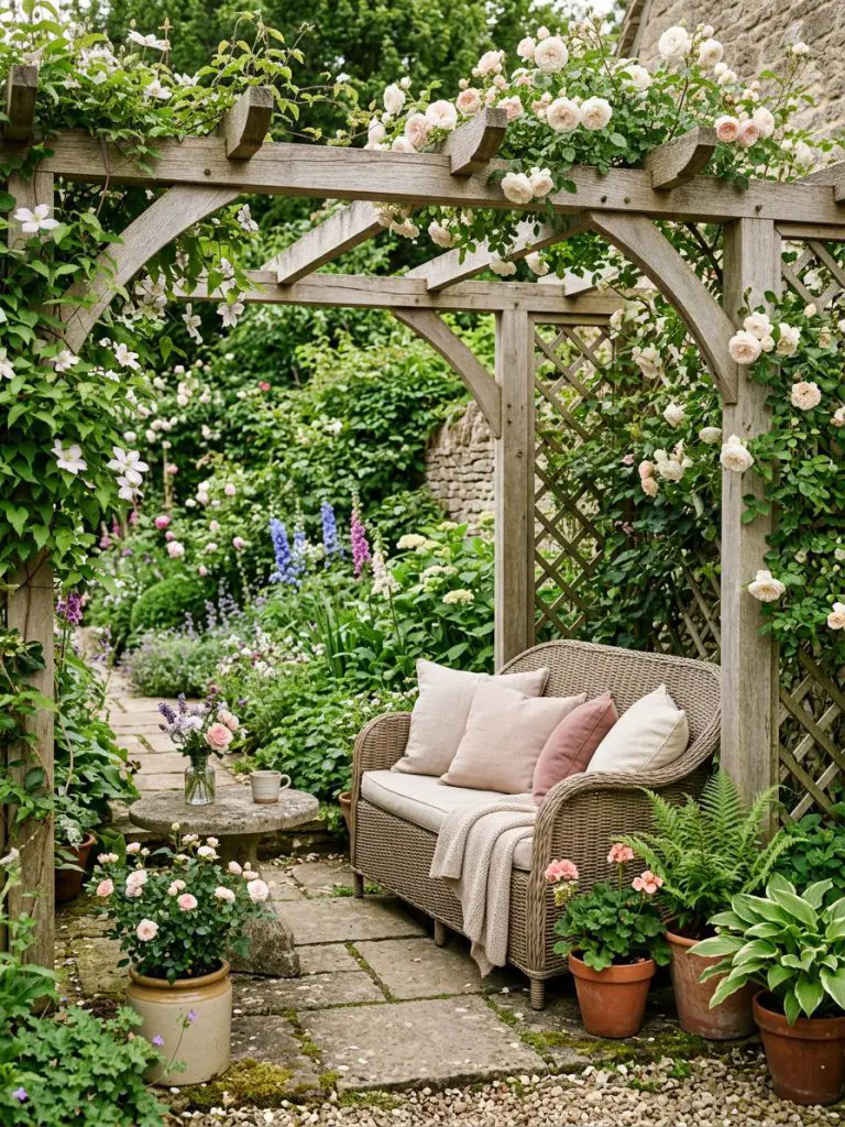 A charming cottage garden pergola designed in an English garden and modern rustic style, featuring a light oak pergola covered with flowerin.