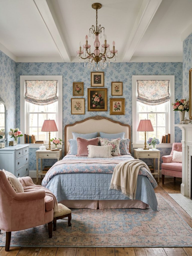 A charming cottage-inspired blue and pink bedroom styled with vintage elegance and soft feminine layering.