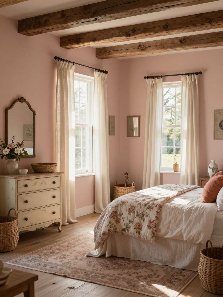 A cottage-inspired earthy pink bedroom blending Rustic Farmhouse and Warm Minimalist styles with pale blush walls, exposed reclaimed wood ce.