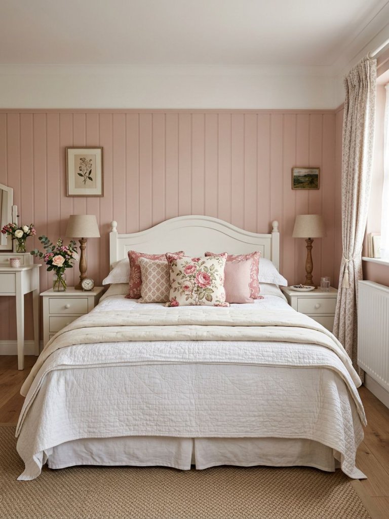 A charming cottage-style pink and white bedroom with vertical blush pink wall paneling, classic white furniture, floral accent pillows, and.