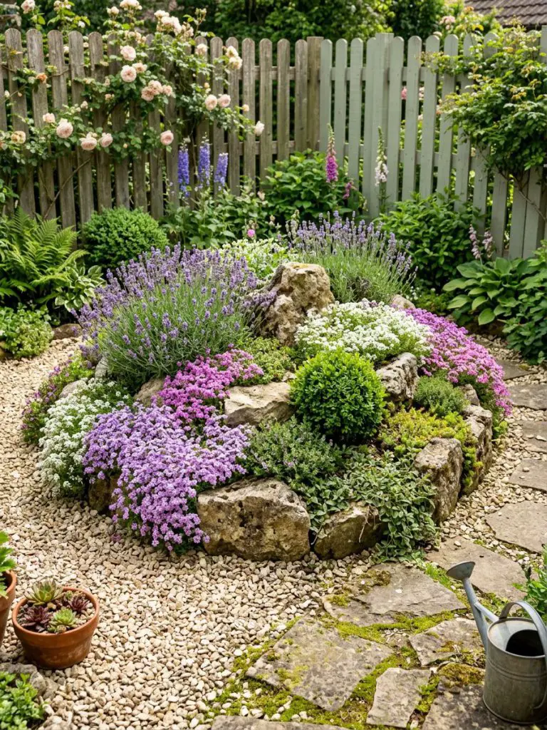 A charming cottage-inspired small rockery garden overflowing with flowering ground cover and natural stone textures in a cozy backyard corne.