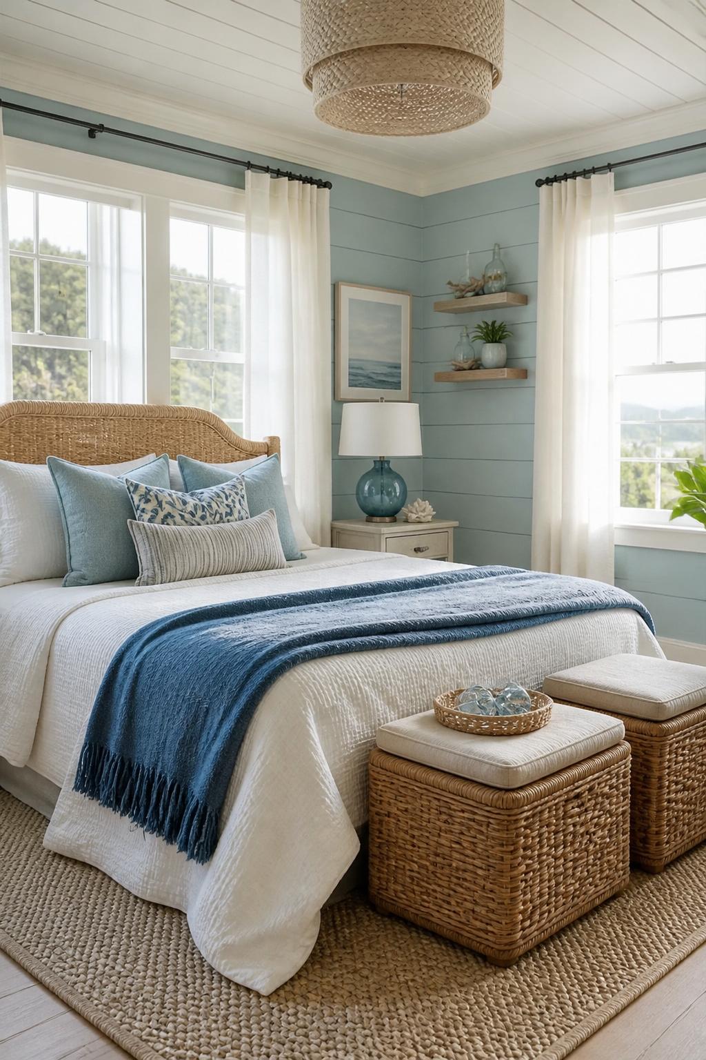 Present a classic coastal cottage bedroom with soft blue paneled walls and creamy white trim for a crisp, refreshing look.