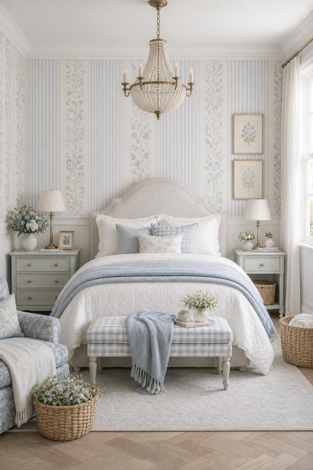 A serene and dreamy bedroom inspired by cottagecore aesthetics, featuring panel style white wainscoting with above alternating stripes of da.