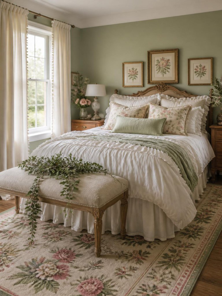 A romantic cottagecore green floral bedroom styled with soft sage walls, vintage-inspired floral rugs, creamy ruffled bedding, carved wood a.