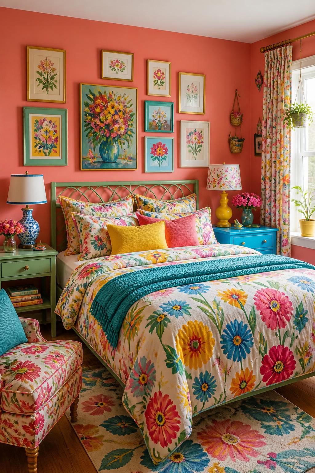 This maximalist, candy-pink bedroom bursts with lively color and a curated gallery wall of brightly framed floral artwork above the bed.